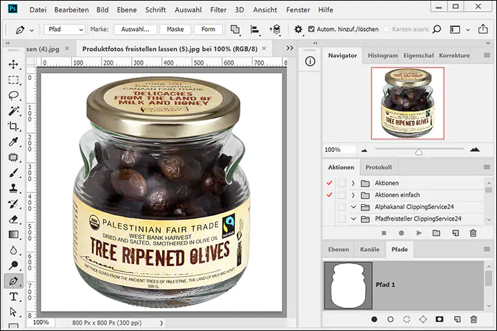 Produktfoto, freigestellt, vor weißem Hintergrund, Konserven, im Glas, transparent Freisteller, Oliven im Glas,
