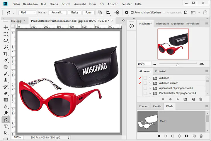 Produktfoto, freigestellt, vor weißem Hintergrund, Brille, Sonnenbrille, Brillenetui Freisteller Brille mit Etui