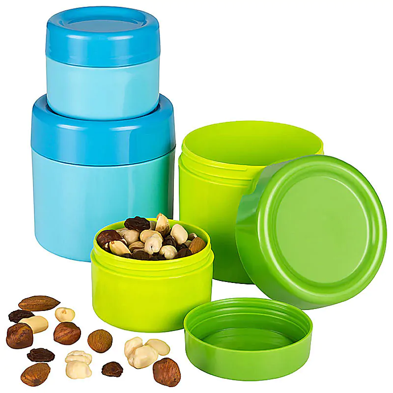 Produktfoto Kunststoffdosen, farbig sortiert, teilweise geöffnet, mit beispielhaftem Inhalt Produktbild, Standard-Produktfoto Kunststoffdosen, farbig sortiert