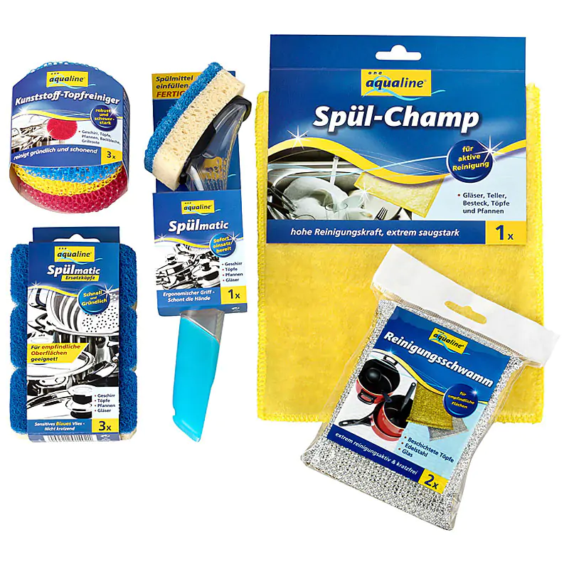 Produktfoto, Gruppenaufnahme Spühlmittel und Zubehör Produktbild, Standard-Produktfoto Spühlzubehör