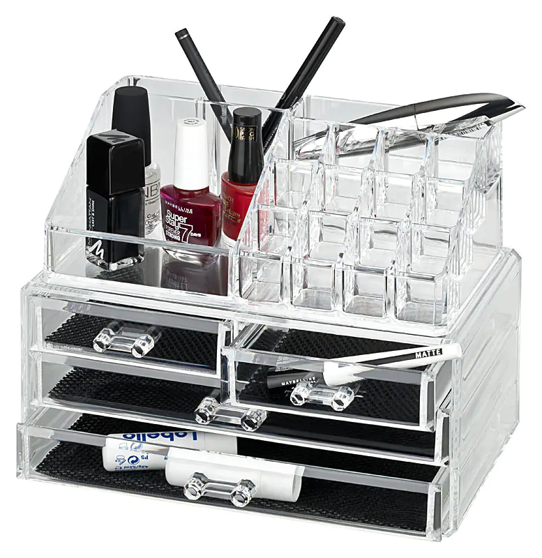 Produktfoto transparenter Schminkkasten mit Nagellack, Lippenstift und Schubfächern Produktbild, Standard-Produktfoto Schminkkasten